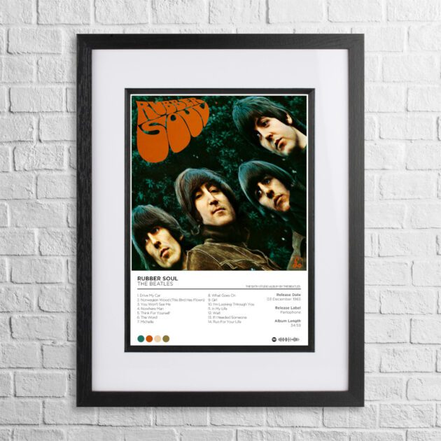 A4 custom design poster of The Beatles - Rubber Soul in a black, dual-aspect frame on a white brick background