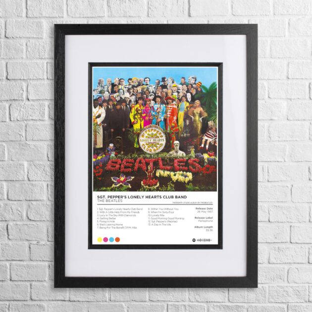 A4 custom design poster of The Beatles - Sgt. Pepper's Lonely Hearts Club Band in a black, dual-aspect frame on a white brick background