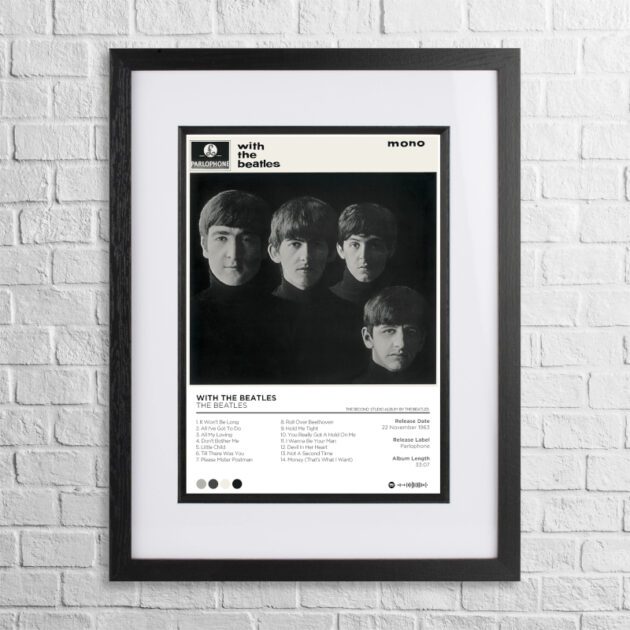 A4 custom design poster of The Beatles - With The Beatles in a black, dual-aspect frame on a white brick background