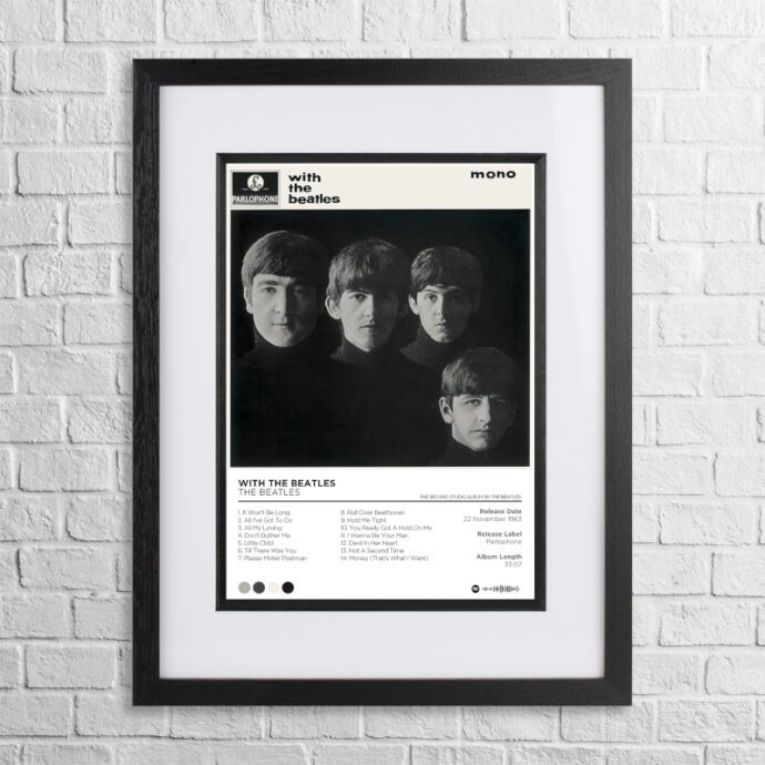 A4 custom design poster of The Beatles - With The Beatles in a black, dual-aspect frame on a white brick background