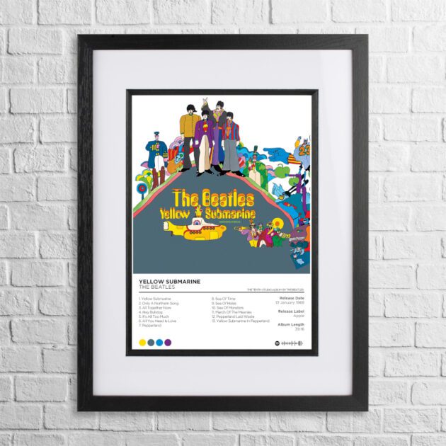 A4 custom design poster of The Beatles - Yellow Submarine in a black, dual-aspect frame on a white brick background