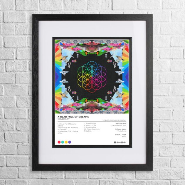 A4 custom design poster of Coldplay - A Head Full of Dreams in a black, dual-aspect frame on a white brick background