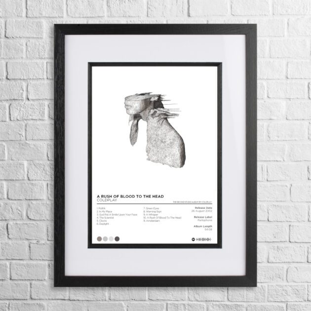 A4 custom design poster of Coldplay - A Rush of Blood to the Head in a black, dual-aspect frame on a white brick background