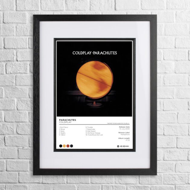 A4 custom design poster of Coldplay - Parachutes in a black, dual-aspect frame on a white brick background