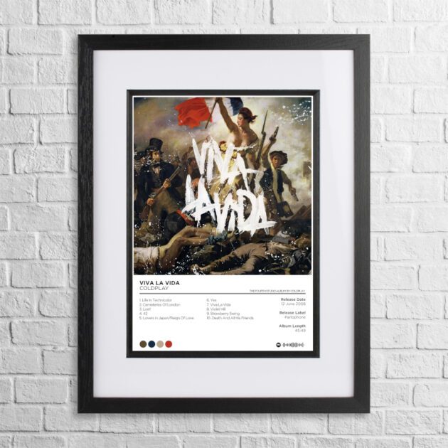 A4 custom design poster of Coldplay - Viva la Vida in a black, dual-aspect frame on a white brick background