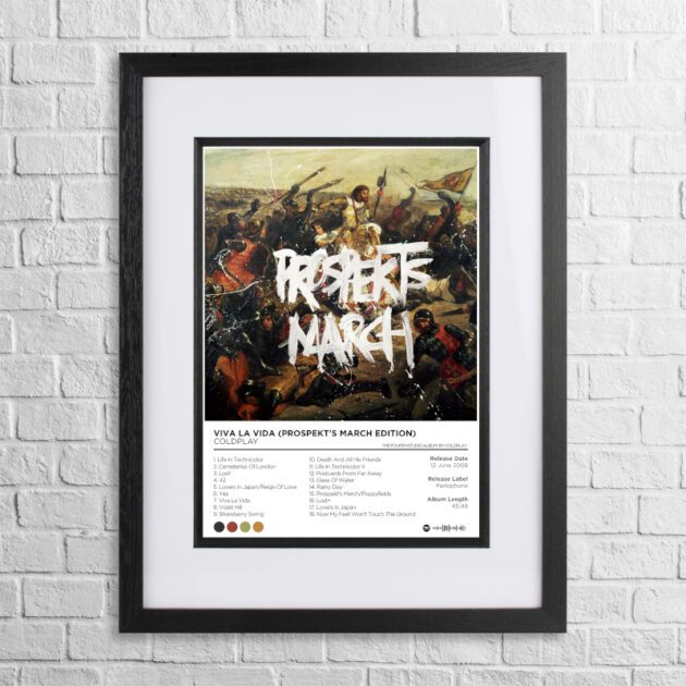 A4 custom design poster of Coldplay - Viva la Vida (Prospekt's March) in a black, dual-aspect frame on a white brick background