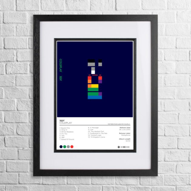 A4 custom design poster of Coldplay - X&Y in a black, dual-aspect frame on a white brick background