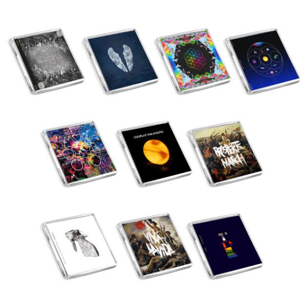Set of 10 Coldplay album cover-inspired fridge magnets on a white background