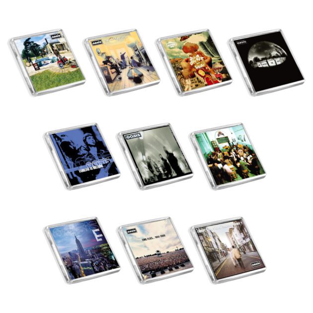 Set of 10 Oasis album cover-inspired fridge magnets on a white background