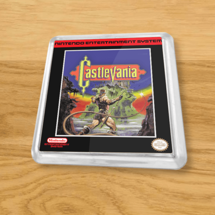 Plastic Castlevania coaster on a wood table