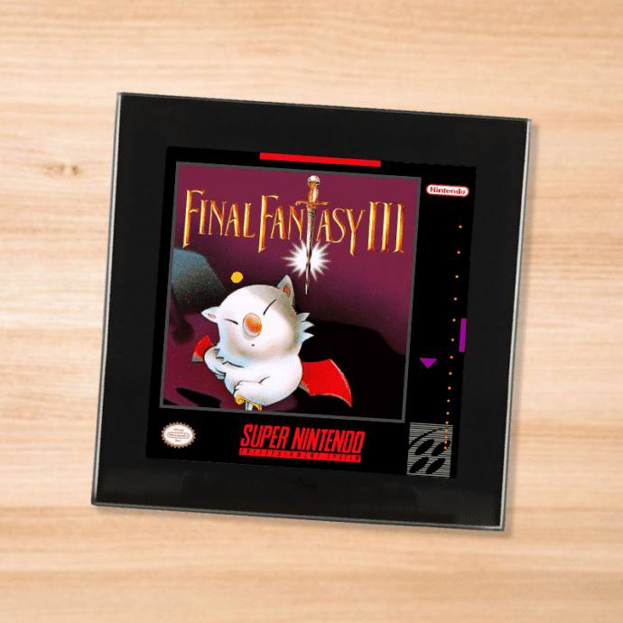 Black glass Final Fantasy 3 coaster on a wood table