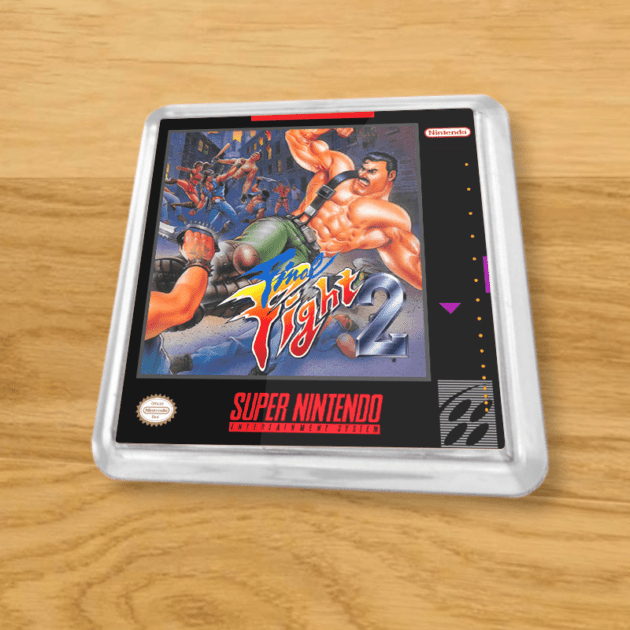 Plastic Final Fight 2 coaster on a wood table