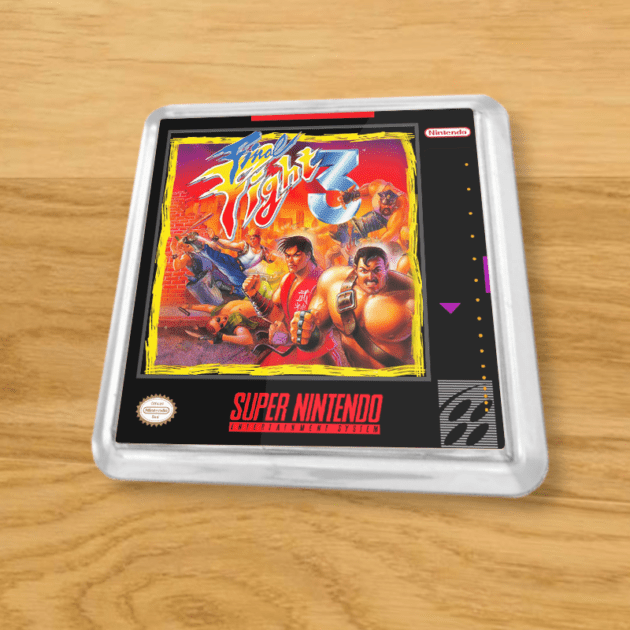 Plastic Final Fight 3 coaster on a wood table