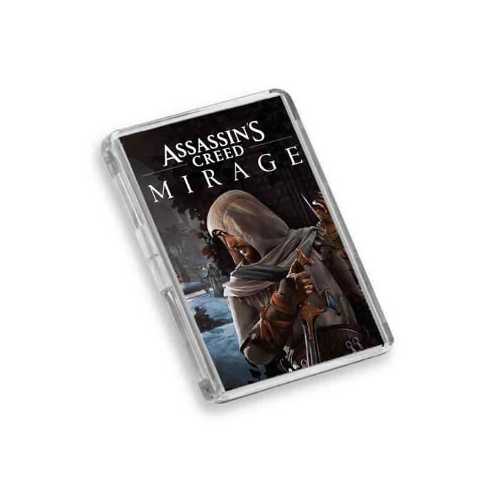 Plastic Assassin's Creed Mirage magnet on a white background
