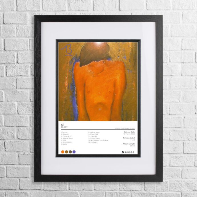 A4 custom design poster of Blur - 13 in a black, dual-aspect frame on a white brick background