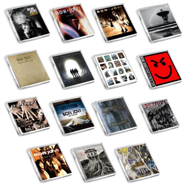 Set of 15 plastic Bon Jovi album cover magnets on a white background