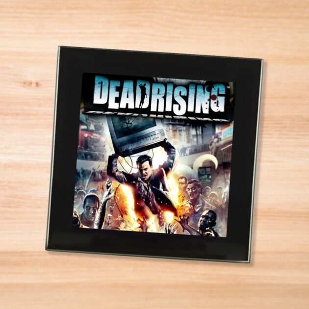 Black glass Dead Rising coaster on a wood table