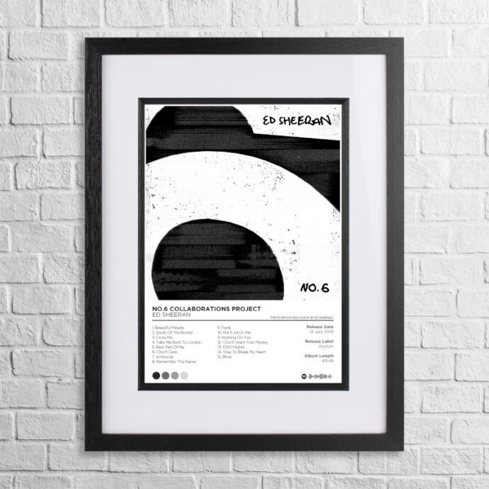 A4 custom design poster of Ed Sheeran - No. 6 Collaborations Project in a black, dual-aspect frame