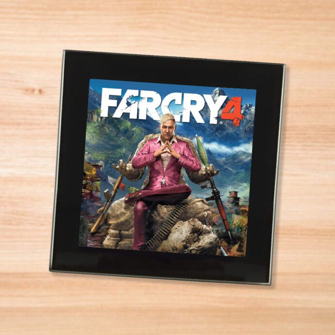 Black glass Far Cry 4 coaster on a wood table