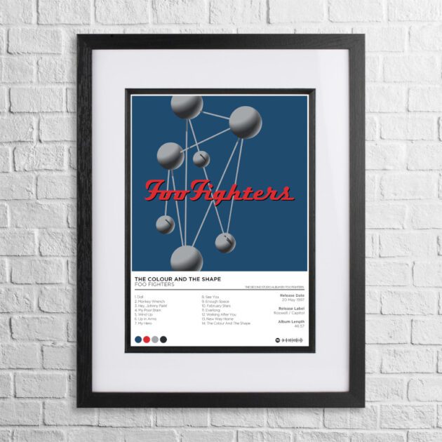 A4 custom design poster of Foo Fighters - The Color and the Shape in a black, dual-aspect frame