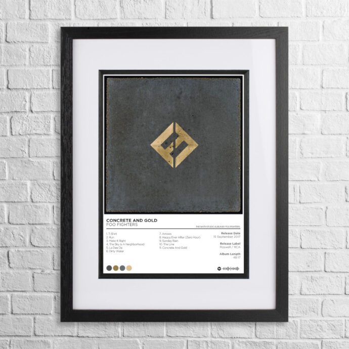 A4 custom design poster of Foo Fighters - Concrete and Gold in a black, dual-aspect frame