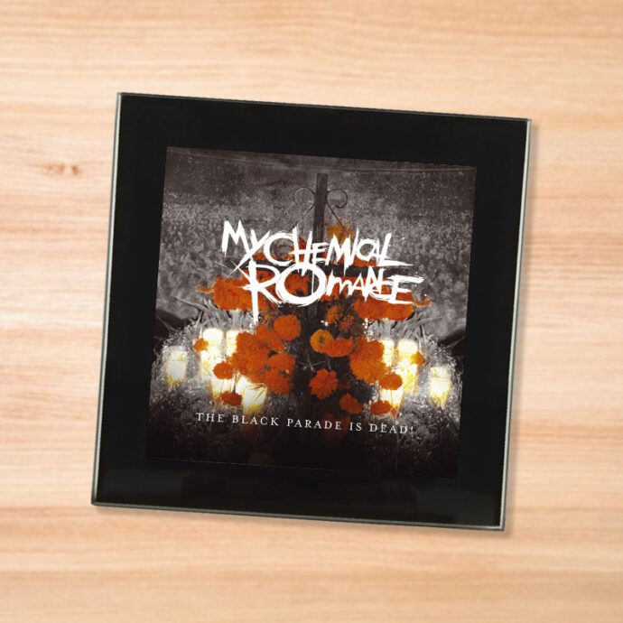 Black glass My Chemical Romance - Black Parade Is Dead coaster on a wood table