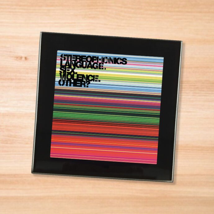 Black glass Stereophonics - Language Violence Sex Other coaster on a wood table