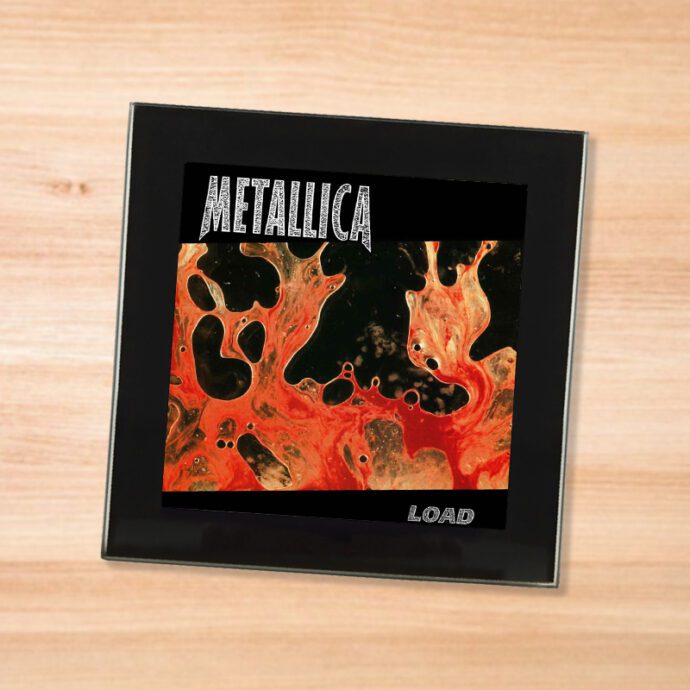 Black glass Metallica - Load coaster on a wood table