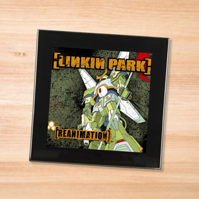 Black glass Linkin Park - Reanimation coaster on a wood table