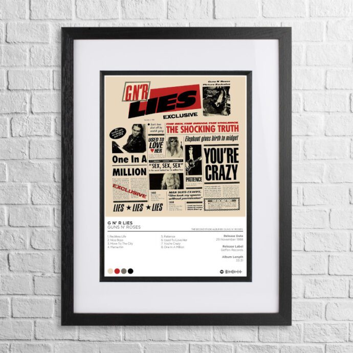 A4 custom design poster of Guns n' Roses - Lies in a black, dual-aspect frame