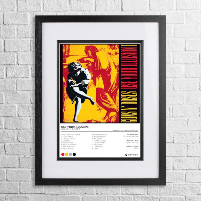 A4 custom design poster of Guns n' Roses - Use Your Illusion I in a black, dual-aspect frame