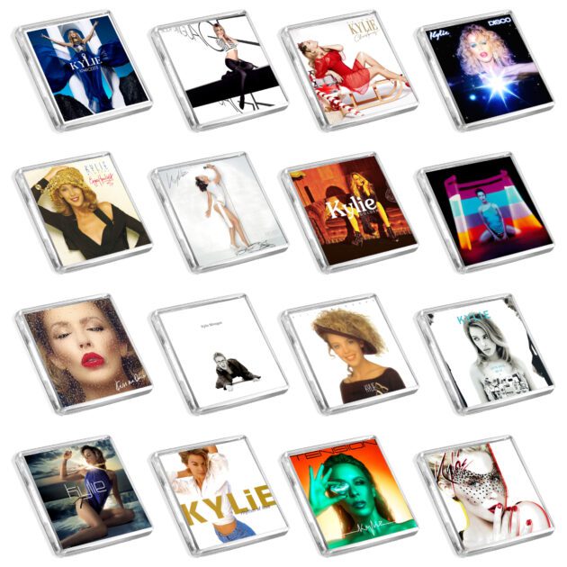 Set of 16 plastic Kylie Minogue album cover magnets on a white background