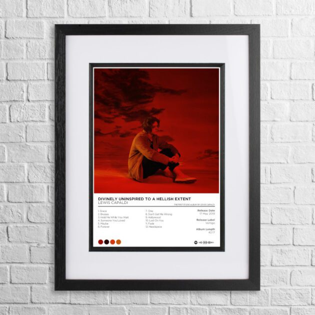 A4 custom design poster of Lewis Capaldi - Divinely Uninspired to a Hellish Extent in a black, dual-aspect frame