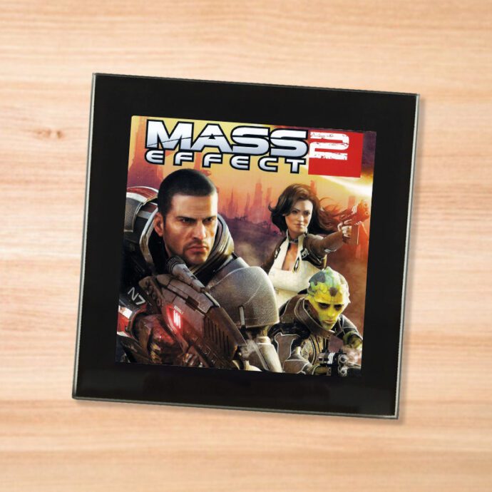 Black glass Mass Effect 2 coaster on a wood table
