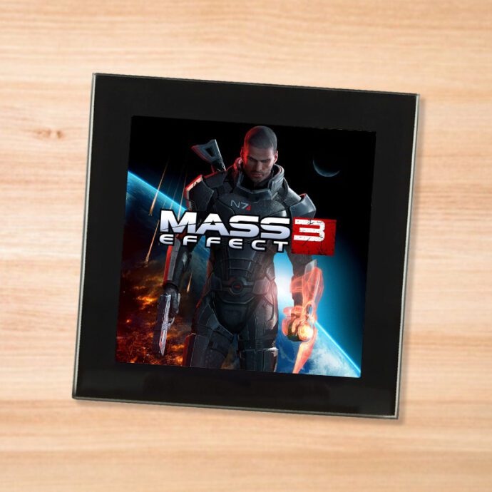 Black glass Mass Effect 3 coaster on a wood table