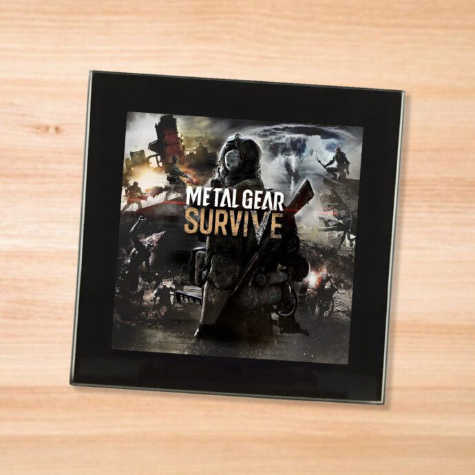 Black glass Metal Gear Survive coaster on a wood table