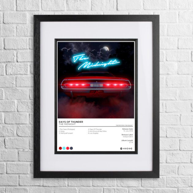 A4 custom design poster of The Midnight - Days of Thunder in a black, dual-aspect frame on a white brick background