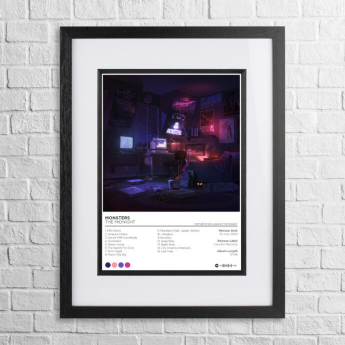 A4 custom design poster of The Midnight - Monsters in a black, dual-aspect frame on a white brick background