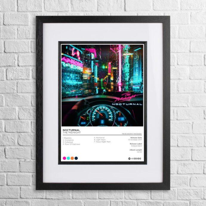 A4 custom design poster of The Midnight - Nocturnal in a black, dual-aspect frame on a white brick background