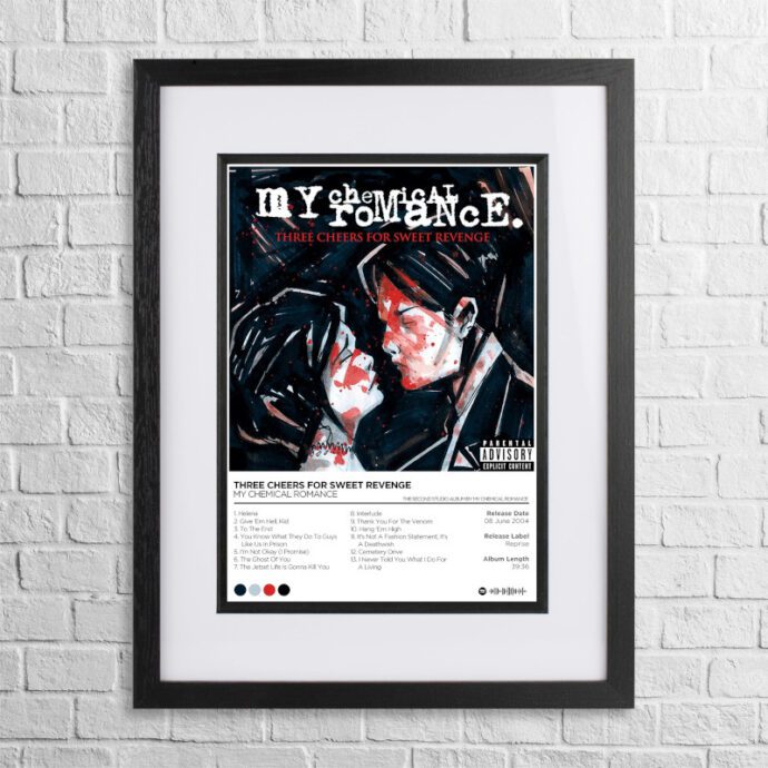 A4 custom design poster of My Chemical Romance - Three Cheers in a black, dual-aspect frame