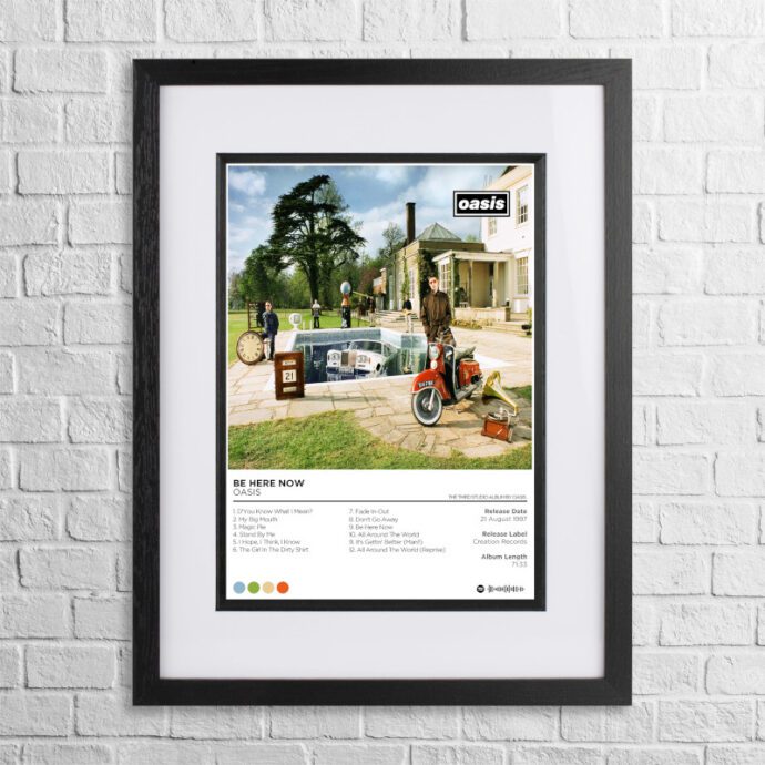 A4 custom design poster of Oasis - Be Here Now in a black, dual-aspect frame