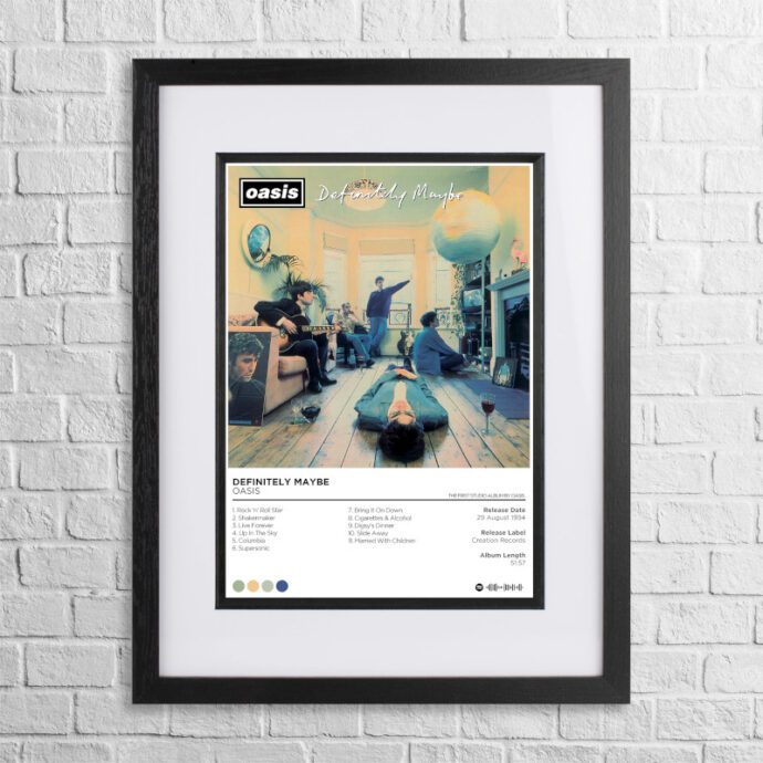 A4 custom design poster of Oasis - Definitely Maybe in a black, dual-aspect frame
