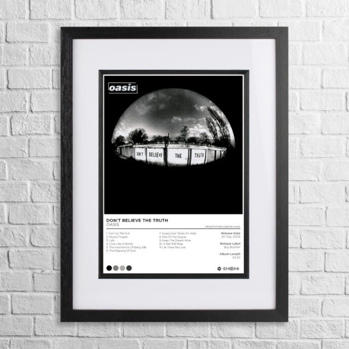 A4 custom design poster of Oasis - Don't Believe The Truth in a black, dual-aspect frame