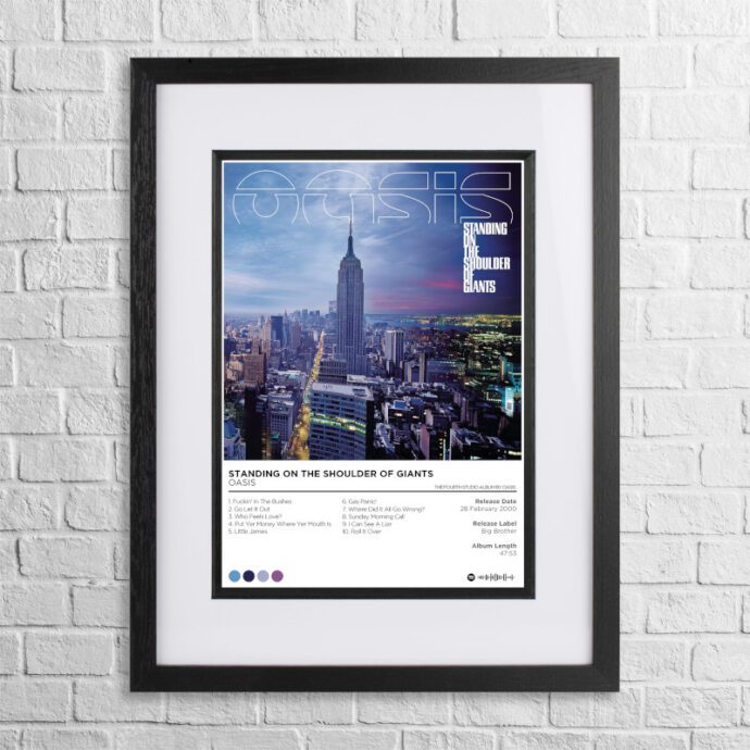 A4 custom design poster of Oasis - Standing on the Shoulder of Giants in a black, dual-aspect frame