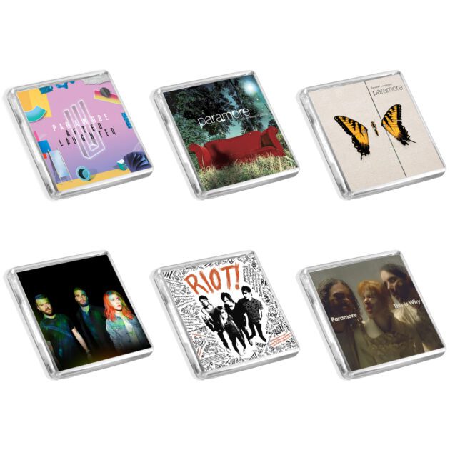 Set of 6 plastic Paramore album cover magnets on a white background
