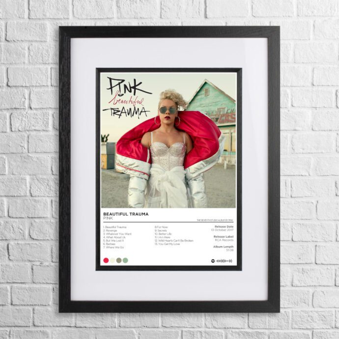 A4 custom design poster of Pink - Beautiful Trauma in a black, dual-aspect frame