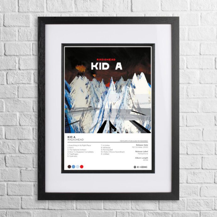 A4 custom design poster of Radiohead - Kid A in a black, dual-aspect frame
