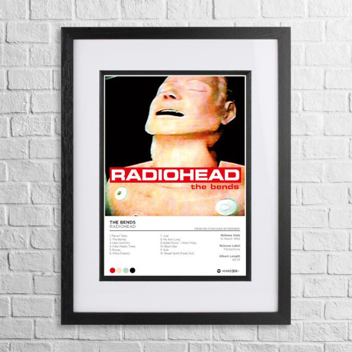 A4 custom design poster of Radiohead - The Bends in a black, dual-aspect frame