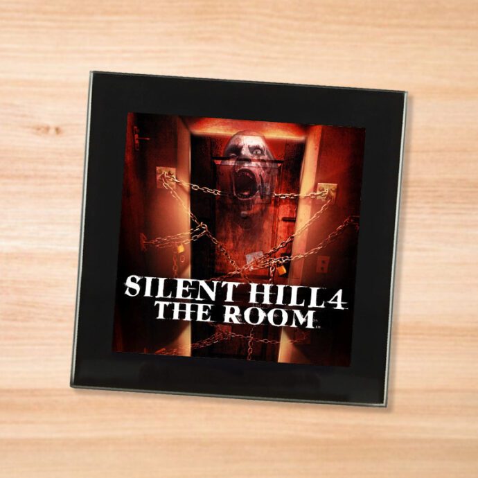 Black glass Silent Hill 4 coaster on a wood table