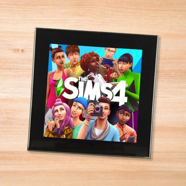 Black glass The Sims 4 coaster on a wood table